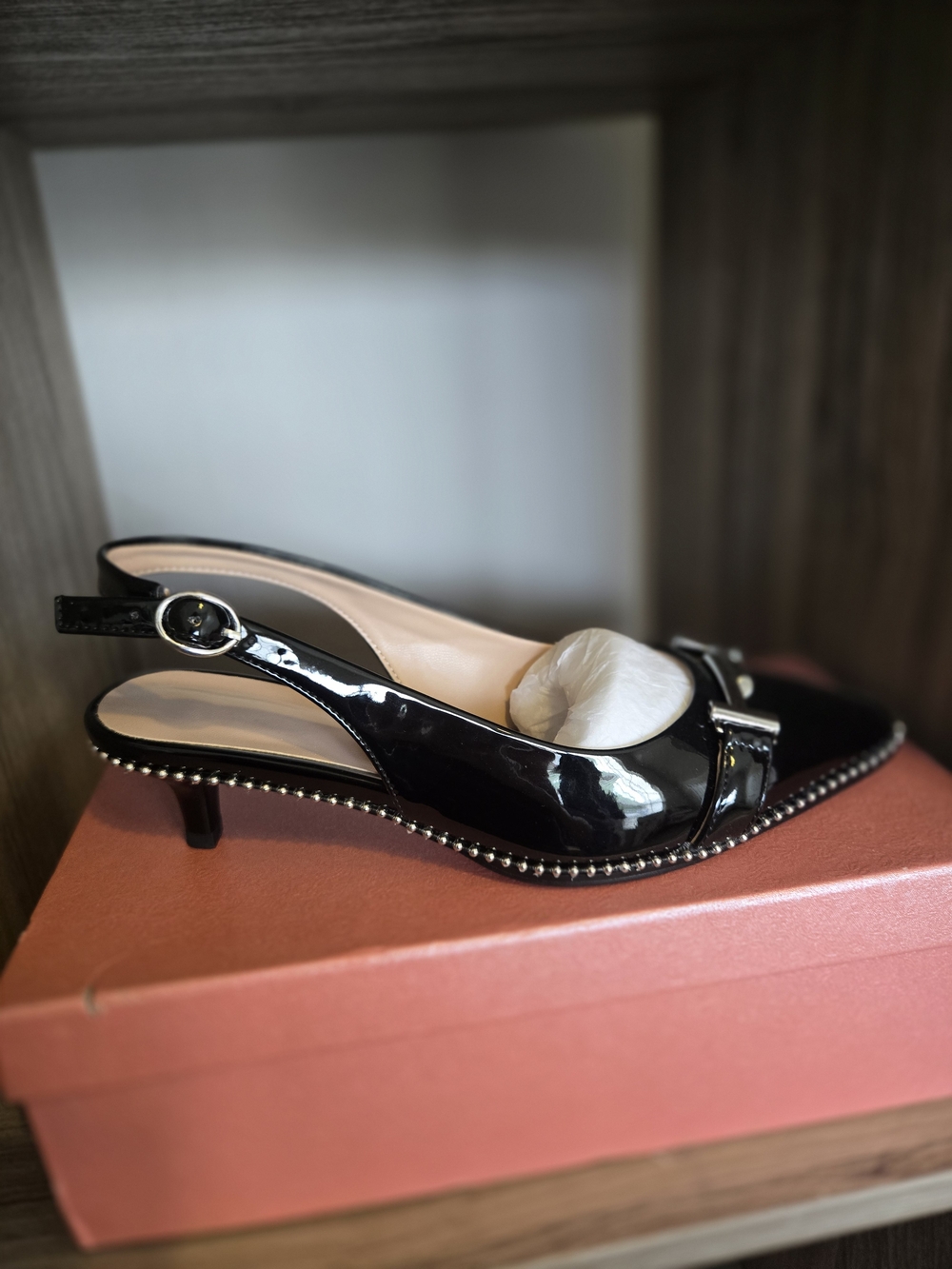 Black Patent Slingback Kitten Heel with Stud Trim